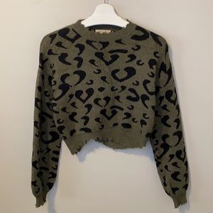 Honey Punch Army Green Leopard Cropped Sweater